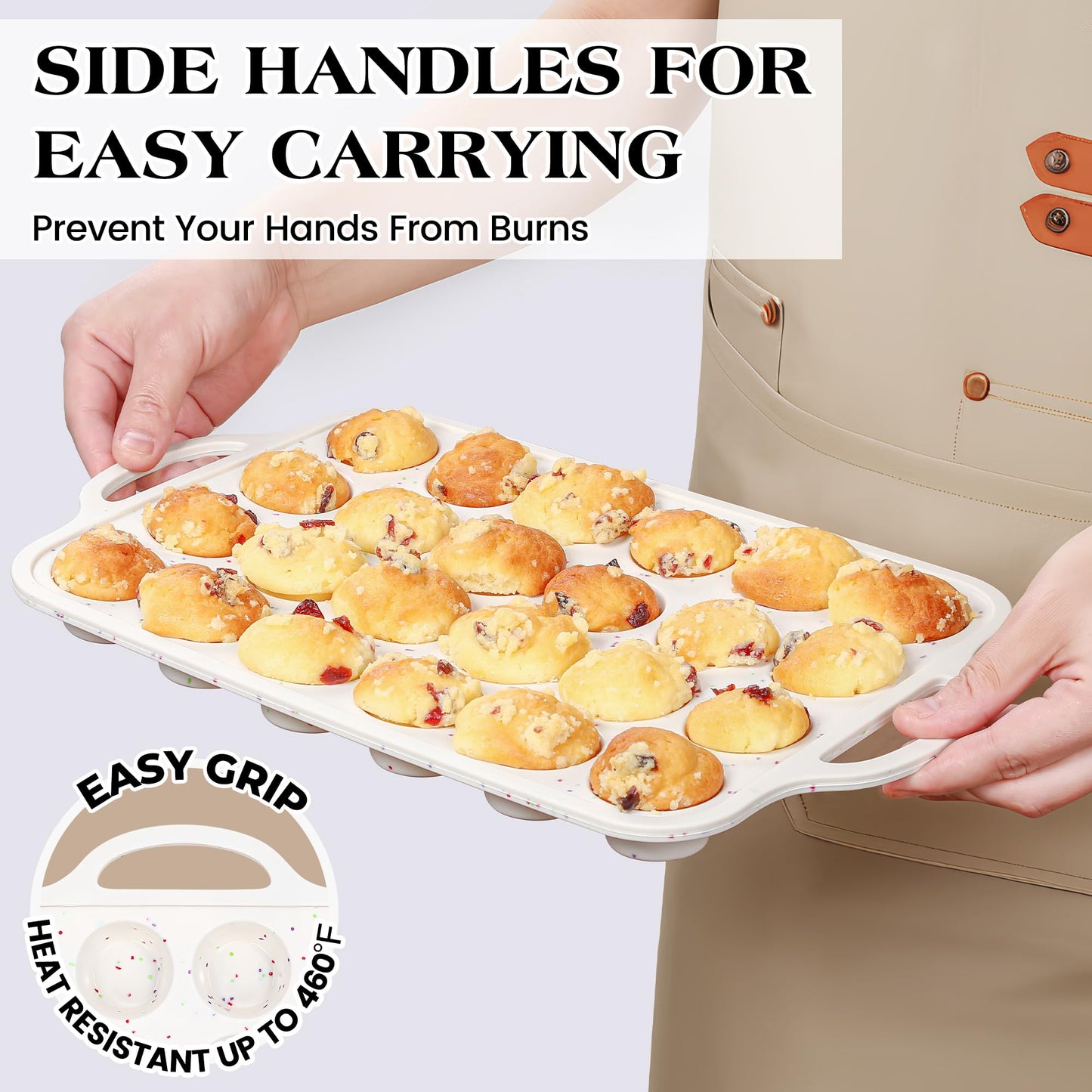 AOTASO 2 Pcs Silicone Mini Muffin Pan With Metal Frame, 24 Cups Nonstick Cupcake Tray for Baking, Small Muffin Molds with Handles (Cream)