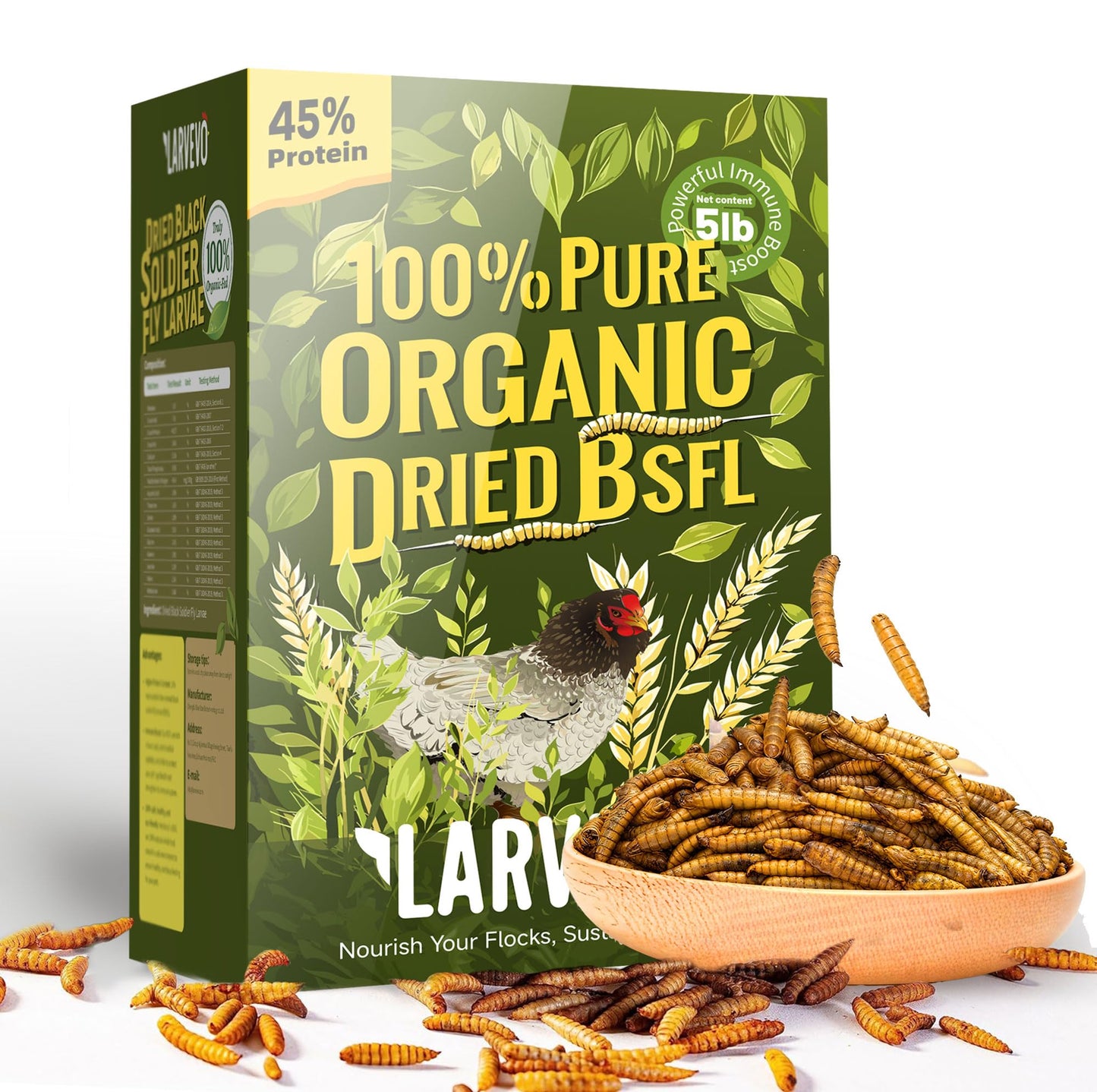 Larvevo 5LB Non-GMO Dried Black Soldier Fly Larvae for Chickens 45% Protein High Calcium Chicken Feed Alternative to Mealworms, Dried BSF Larvae Chicken Treats for Laying Hens Ducks Birds Reptiles