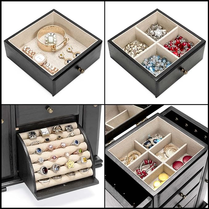 Emfogo Jewelry Box for Women, Rustic Wooden Jewelry Boxes & Organizers with Mirror, 4 Layer Jewelry Organizer Box Display for Rings Earrings Necklaces Bracelets (Black)