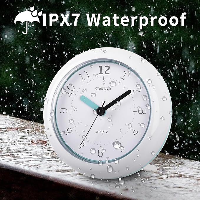 OSTAR Waterproof Bathroom Shower Clock, Analog Quartz Clock Hanging Stand Dual Purpose, One AA Battery Operated 4.72 inch Round Size