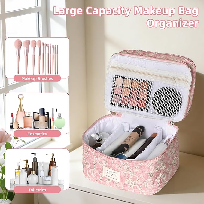 Makeup Bag, Portable Travel Make up Bag, Large Capacity Quilted Cosmetic Organizer Bag, Cute Floral Toiletry Bag for Women Girls (Pink Floral)