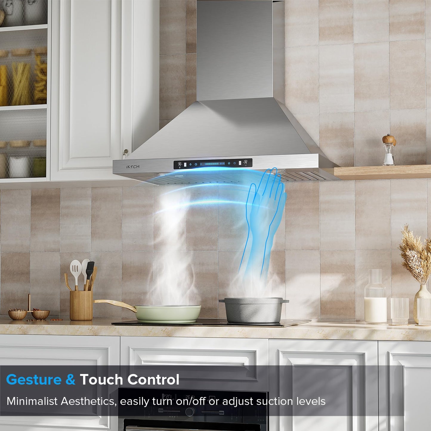 IKTCH 30 inch Wall Mount Range Hood, 390 CFM Low Noise Kitchen Vent Hood, Ducted/Ductless Convertible, Kitchen Chimney Vent Stainless Steel with Gesture Sensing & Touch Control Switch Panel