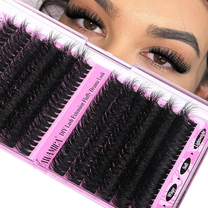 Yawamica Wispy Individual Lashes Clusters Fluffier Eyelash Extension 150D+200D Thick Volume Eyelash Clusters 14-20mm D Curly Lashes 240pcs DIY Lash Extension for Beginners, Black
