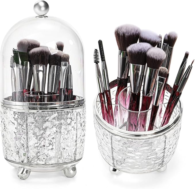 Eorbow Rotating Makeup Brush Holder, Dustproof Cosmetic Tools Organizer with Lid, 360ÃÂ° Spinning Covered Brushes Storage with Anti-slip Pads for Vanity, Bathroom Countertop & Bedside Table, Clear