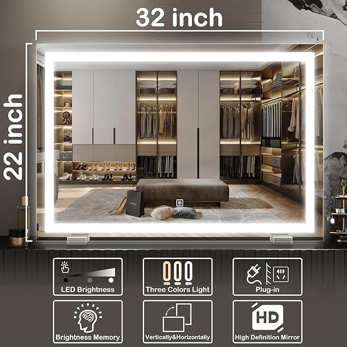 FENNIO Makeup Mirror with Lights 32"x22" ，LED Makeup Mirror ，Large Vanity Mirror with Lights，Touch Sensor with Dimmable 3 Modes, Square White
