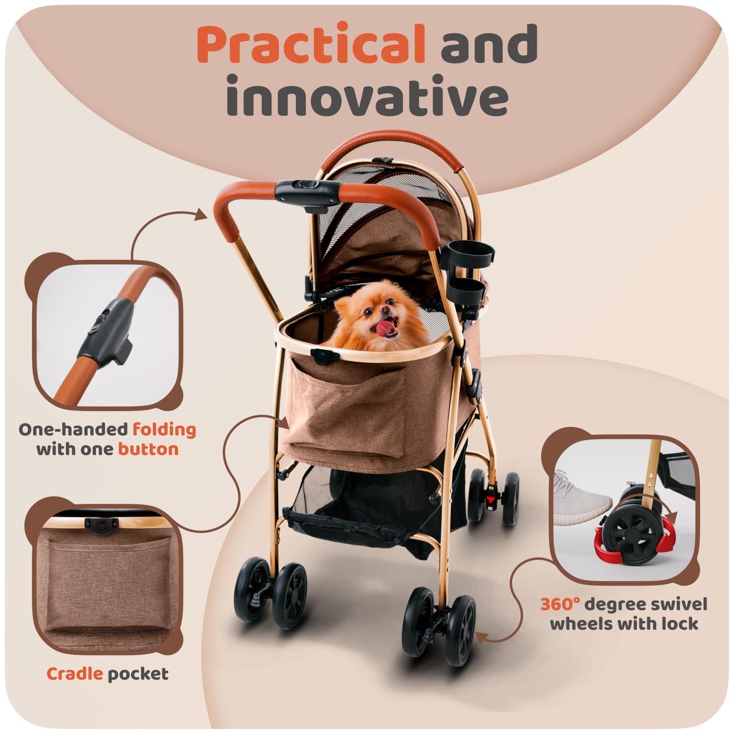 Pet Stroller for Small Medium Dogs & Cats – 2-in-1 Detachable Carrier, Zipperless Entry, Lightweight Folding Travel Stroller with Storage Basket, Cup Holder, Brown