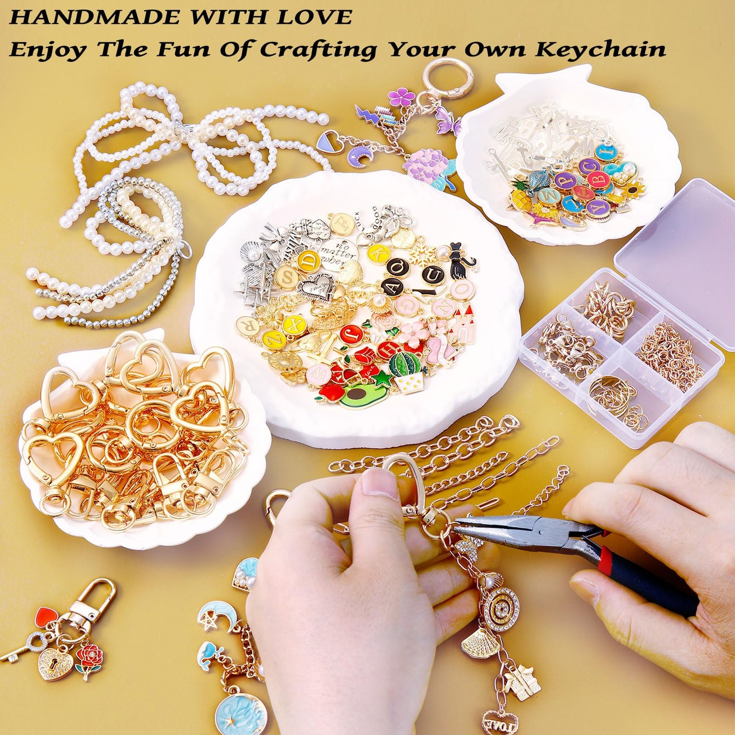 Wurosi 544Pcs Charms Lip Gloss Keychain Making Kit, Bag Charm Kits with Key Chain Hooks, Charms, Chains, Jump Rings, Lobster Clasps, Plier, Gift Bags & Tools, DIY Craft Supplies, Valentines Gifts