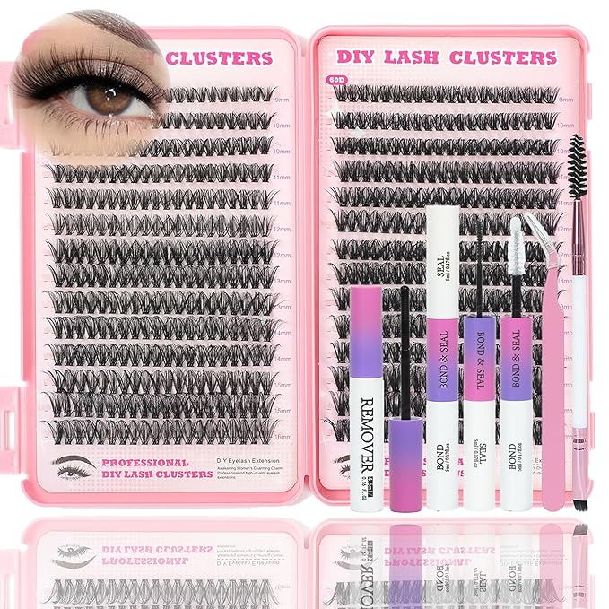 Lash Clusters Kit, 560 Pcs Eyelashes Clusters Kit 9-16mm Individual Lash Extension Kit D Curl Fluffy Wispy False Eyelashes (50D+60D, Lash Clusters Kit)