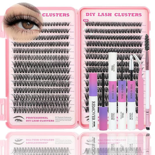 Lash Clusters Kit, 560 Pcs Eyelashes Clusters Kit 9-16mm Individual Lash Extension Kit D Curl Fluffy Wispy False Eyelashes (50D+60D, Lash Clusters Kit)