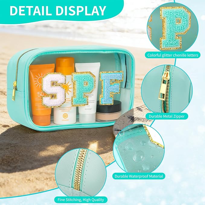 Clear Waterproof Makeup Bag, Cute Sunscreen Bag Pouch with Letter Patches, Travel Beach Pool Bag,Personalized Travel Toiletry Cosmetic Bags Gifts For Girl Women Mom Teacher Nurse (White-SUN)