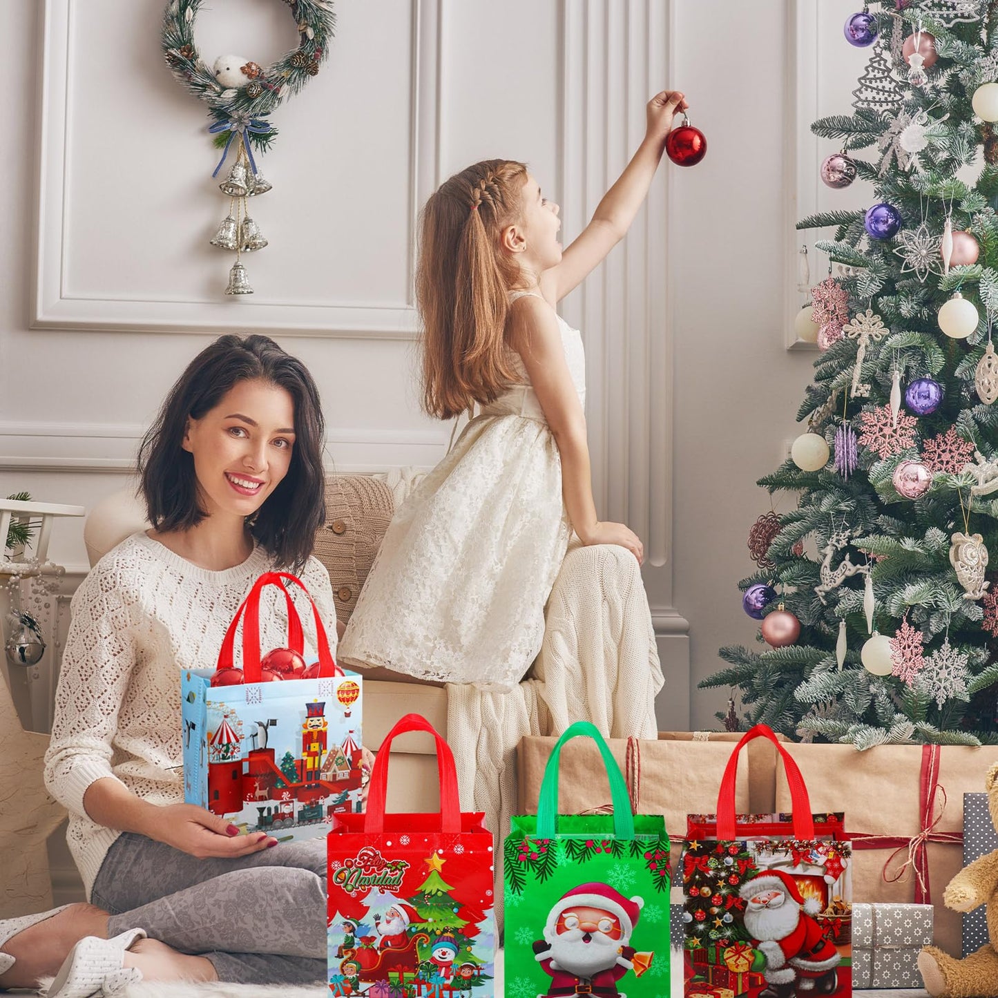 Chapou 100 Pcs Christmas Gift Bag Bulk Reusable with Handles 9.06 x 8.66 x 4.33 in Xmas Tote Bags Snowman Santa Claus Non Woven for Shopping Goodies Retail Business Treat Holiday Party Supplies