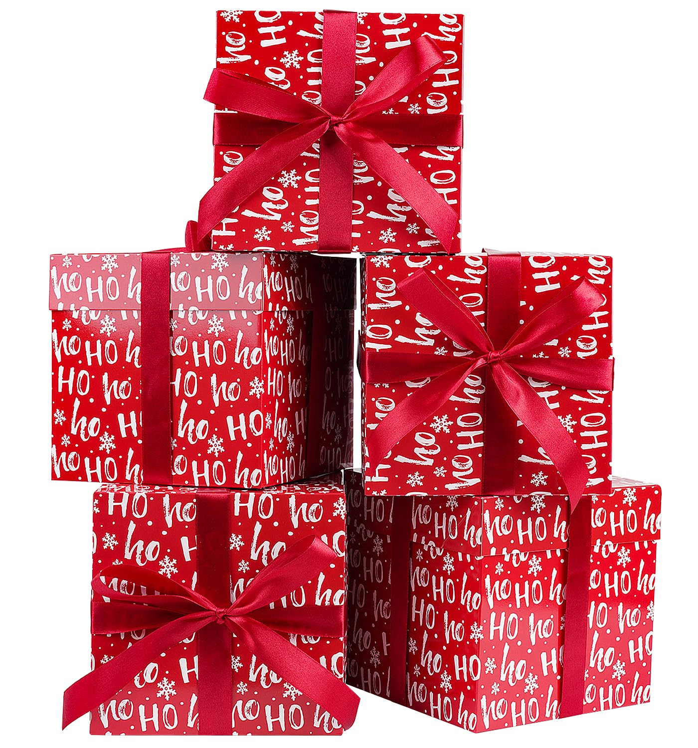 Jaywayang 5 Pack Red Christmas Gift Boxes with Lids, Ribbons and Tissue Papers Square Gift Boxes - 7.1 Inch - Presents Wrapping Christmas Gift Holiday New Year Party Favor Boxes.