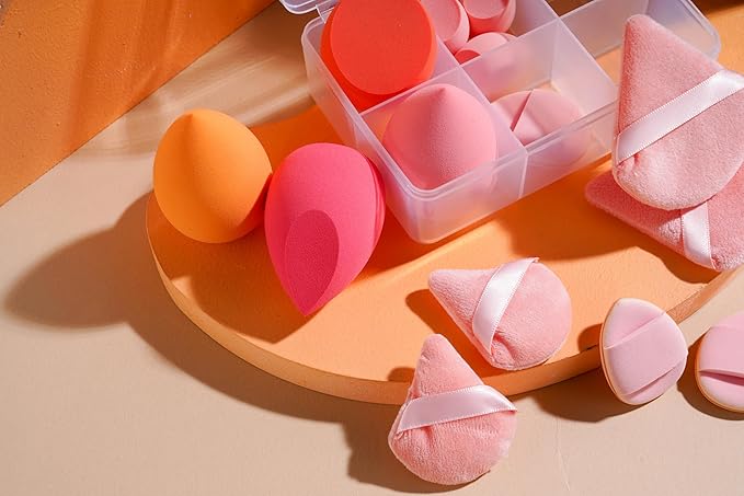Makeup Sponge Set BS-MALLTriangle Puff 14 Pcs for Liquid, Cream, and Powder, Multi-colored Makeup Sponges and Mini Makeup Sponge (Orangepink)