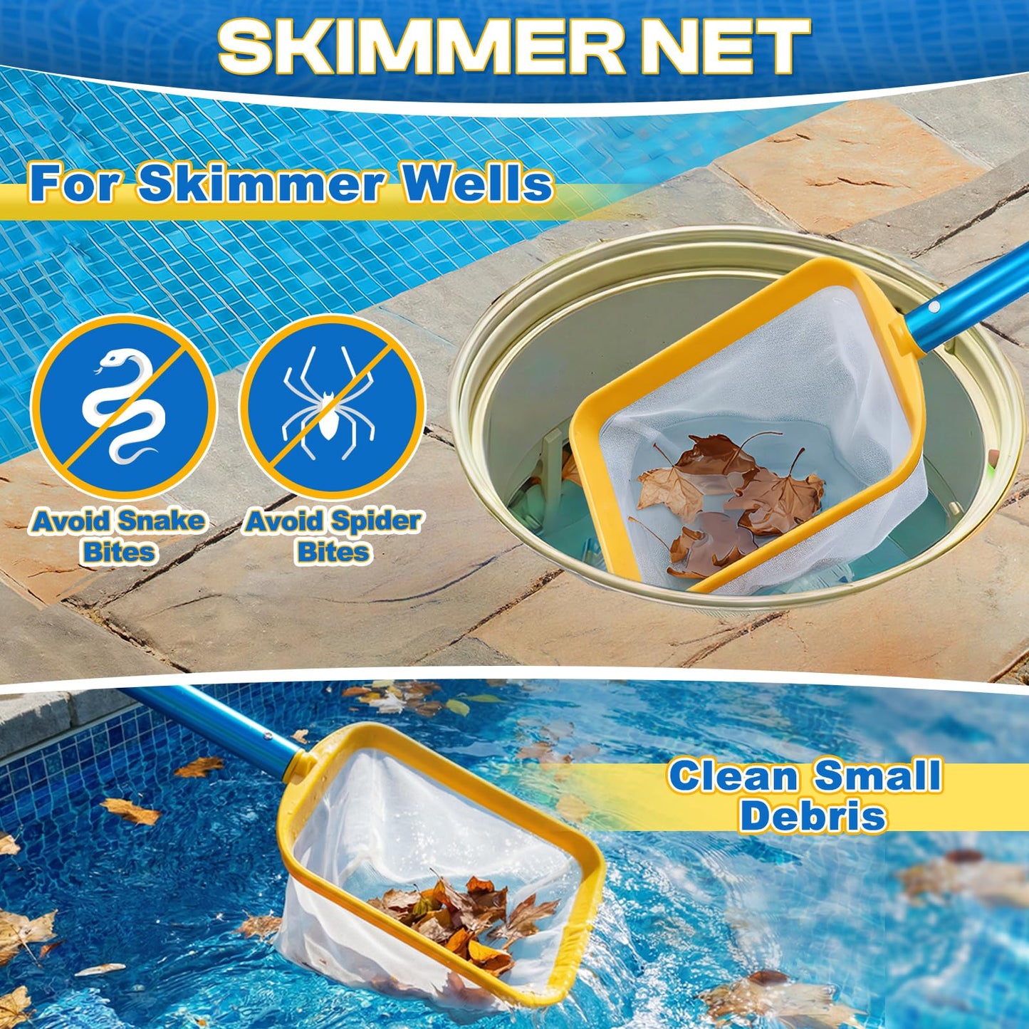 ComfyKit 22.5in 2-in-1 Pool Skimmer Tool with Stainless Steel Hook and Detachable Fine Mesh Net, Includes Skimmer Basket Handle, for Above Ground and Inground Pools