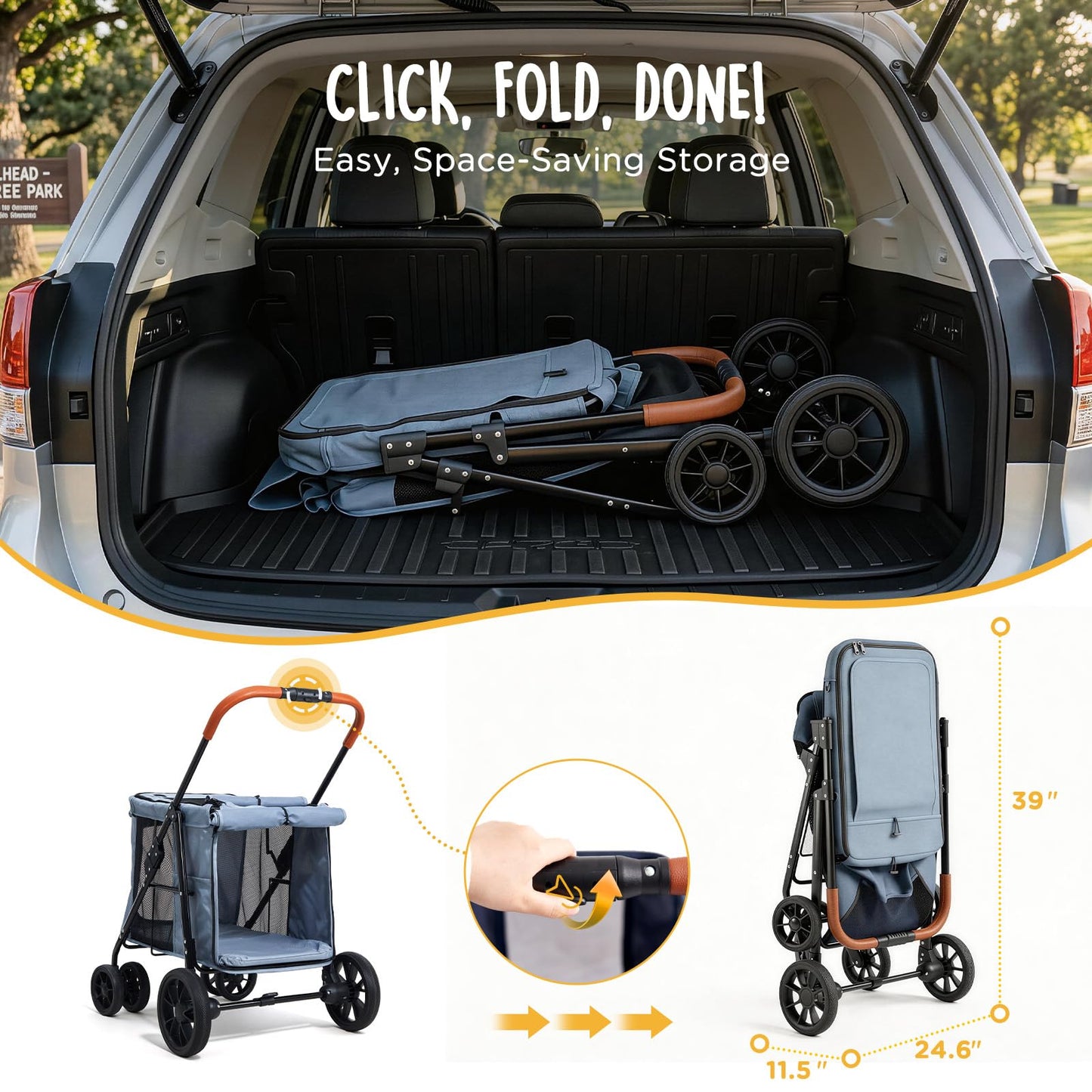 CANINE CANYON Scout Pet Stroller, Heavy Duty Dog Stroller for Large & Medium Dogs, Foldable Pet Stroller for 2 Dogs with All-Terrain Wheels, Storage Pocket & Cup Holder, 55 lbs Capacity, Grey