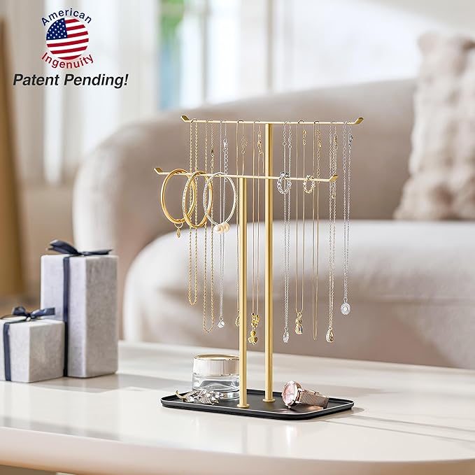 pickpiff Necklace Holder Jewelry Organizer Stand Ã¢ÂÂ 2Ã¢ÂÂTier TÃ¢ÂÂBar Jewelry Display Tree with Tray for Countertop Necklace Bracelet Earring Storage, Vanity Dresser Bathroom Sink, Black-Gold
