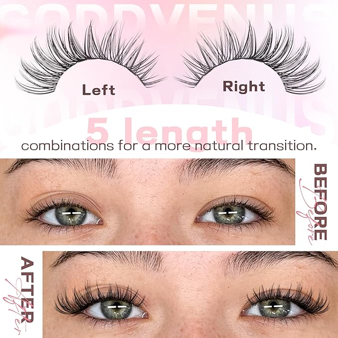 Goddvenus Eyelash Extensions Wispy Natural DIY C Curl Individual Lashes Clusters Black 10-16mm 300pcs