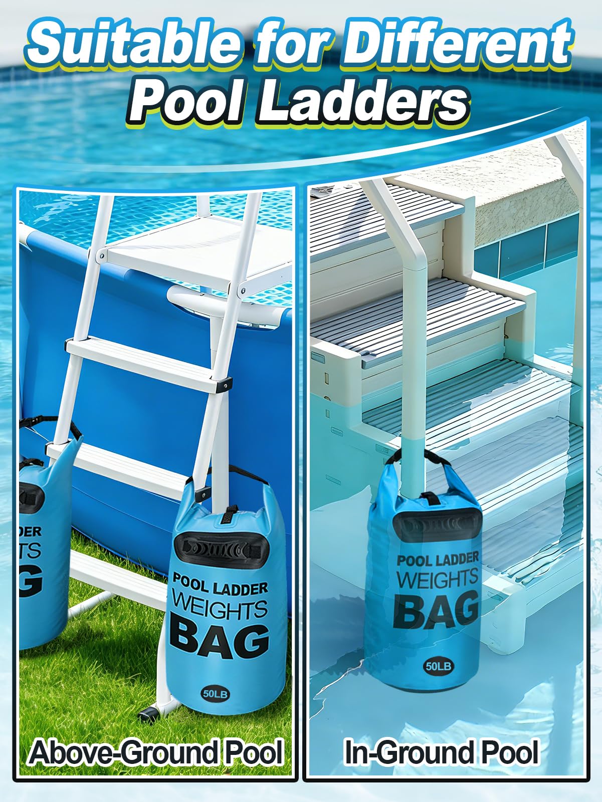Cosweet 2 Pack Heavy Duty Pool Ladder Weights - 50lb Easy to Fill Anchor Bags, 500D PVC Waterproof Sand Bags with Handles & Secure Buckle Closure to Stabilize Above Ground Swimming Pool Steps