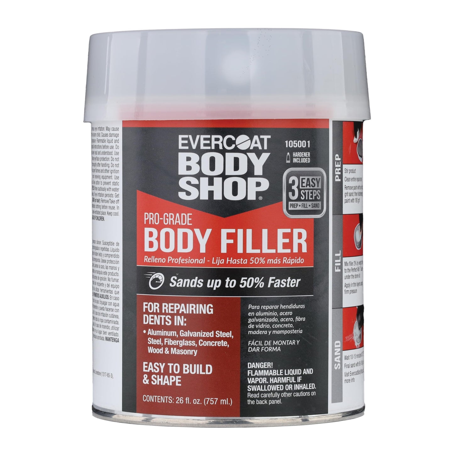 Evercoat Body Shop 105001 Pro-Grade Body Filler, Fast Drying and Lightweight Multipurpose for Dents in Aluminum, Fiberglass & More, Easy Mix Hardener Included 26 Fl Oz.