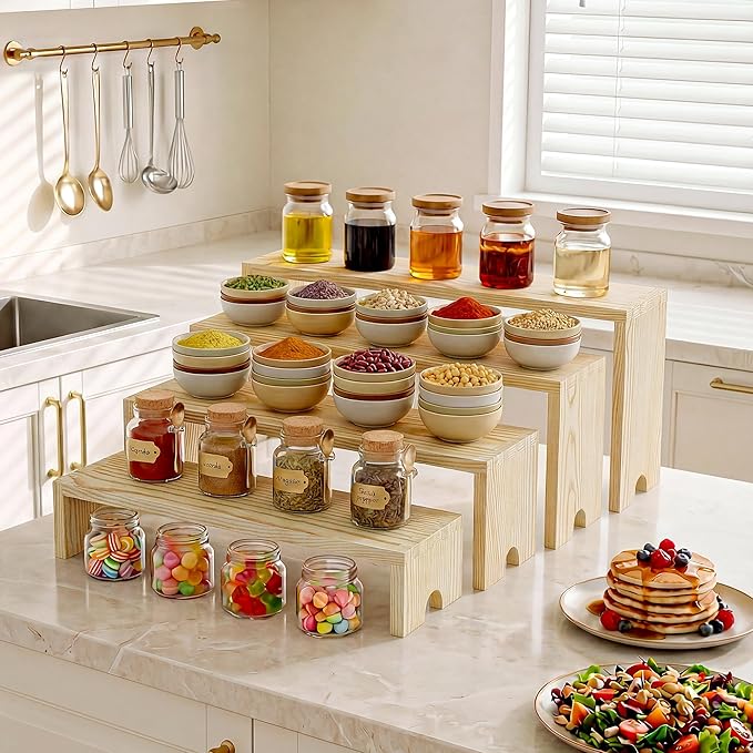 2 Set Wooden Cupcake Stand for Decor, 4 Tiered Stackable Display Risers, Farmhouse Decor Wood Dessert Table Display Set for Party, Vendor Events, Original Wood