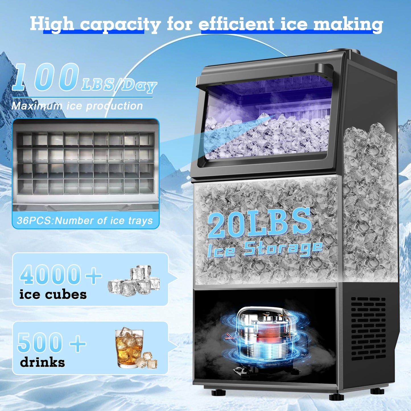 Commercial Ice Maker Machine 100LBS/24H, 36Ice Cubes/Cycle Stainless Steel Freestanding & Undercounter Ice Maker with 20LBS Storage, 2 Water Inlet Modes,Self-Cleaning for Homes,Bars,Restaurants