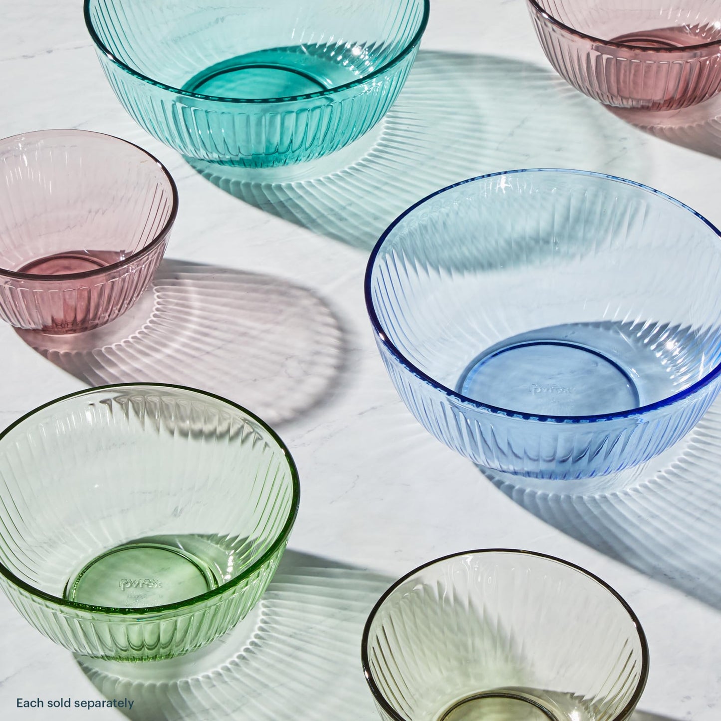 Pyrex Colors Tinted (3-Pack, Full Set) Sculpted Tinted Glass Mixing Bowls With Lids, Nesting Space Saving Set of Bowls For Prepping and Baking, 1.3QT, 2.3QT & 4.5Q, Blue