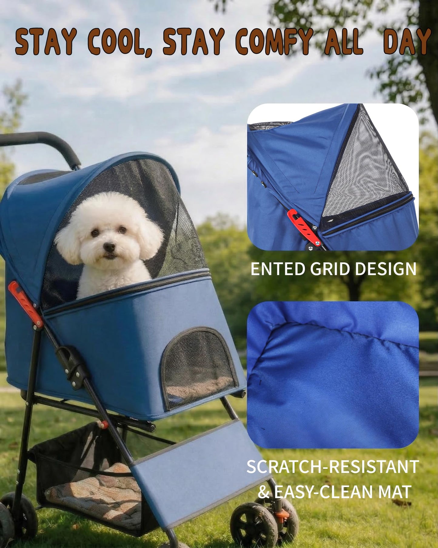Pet Stroller for Small Medium Dogs Cats - Lightweight 10lbs Foldable Dog Stroller, Breathable Mesh & Safety Tether, 33lbs Capacity with Locking Wheels, Storage Basket for Outdoor Walks-Blue