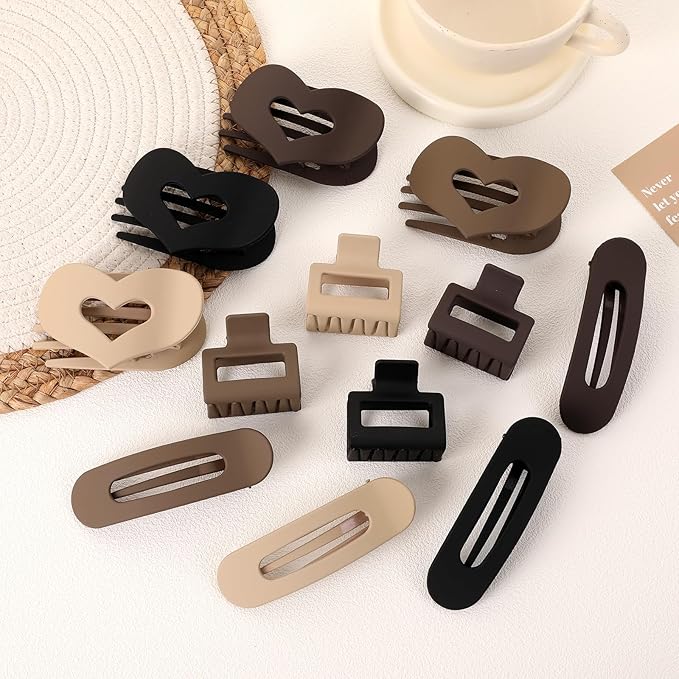 12 Pack Flat Hair Clips for Women-3 Styles Matte Neutral Flat Claw Clips, Black, Blonde,Light Brown & Dark Brown, French Duckbill Styling Accessories (Matte Neutral-3)