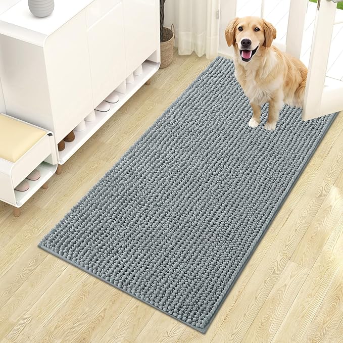 OLANLY Dog Door Mat for Muddy Paws 44x24, Ultra Absorbent Chenille Mud Doormat, Non-Slip Washable and Dirt Trapping Doormat for Indoor Entryway, Quick-Dry Indoor Pet Bed Mats for Dogs, Grey