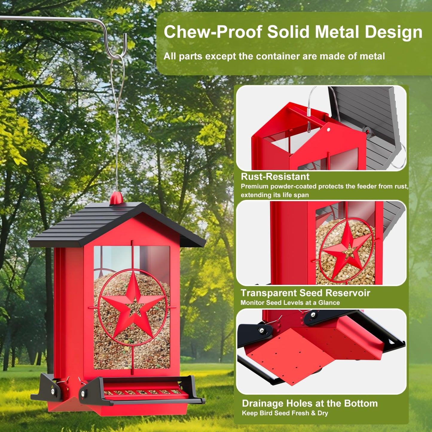 Squirrel Proof Bird Feeders for Outdoors with Weight-Activated, Metal 5LB Large Wild Bird Feeders for Cardinals,Blue Jay,Finch, Weatherproof Durable Hanging Bird Feeder for Backyard,Garden (Red)