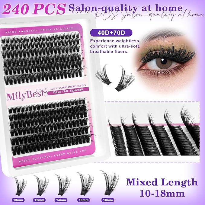 MilyBest 3 Styles Lash Clusters Kit Manga 636Pcs Eyelash Clusters Wispy Lashes Clusters D Curl Individual Cluster Lashes Natural 10-18mm False Eyelashes with Bond&Seal Spiky Lash Packs for Beginners