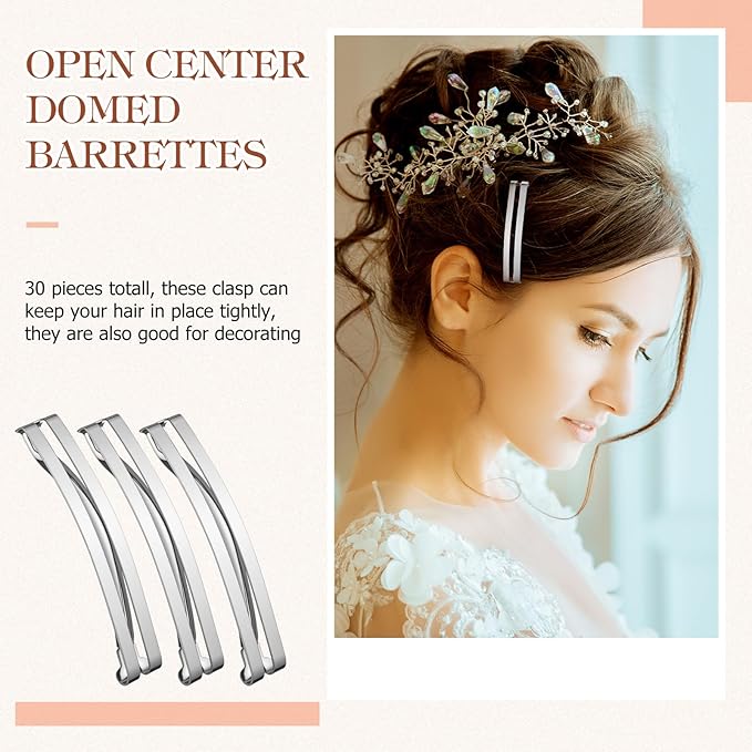 Hotop 30 Pieces Open Center Metal Barrettes Anti-slip Metal Hair Clip for Women, Assorted Colors(Open Center Barrette,Silver)