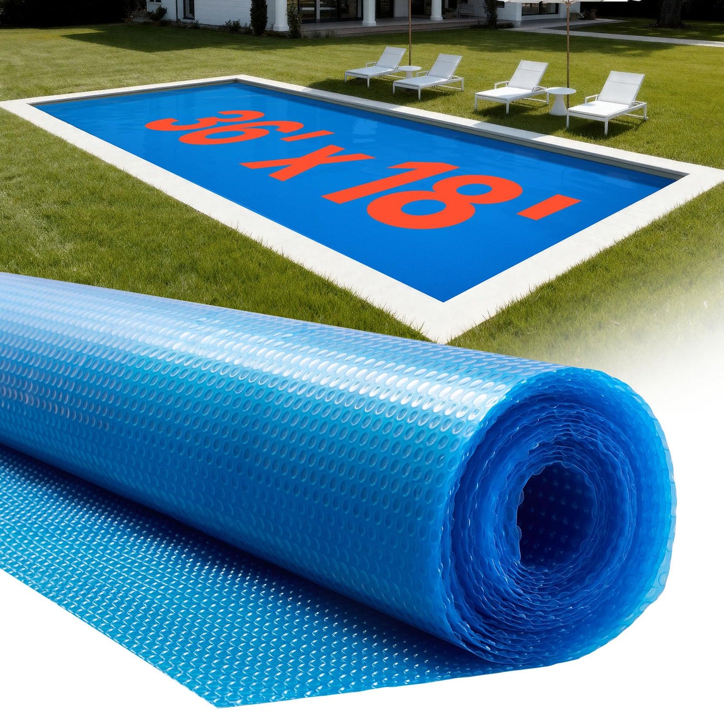 VEVOR Solar Pool Cover, 36 x 18 ft Rectangle Pool Bubble Cover, 8 Mil Pools Solar Blanket with Bubble & PE Material, Daytime Heat Absorption, Nighttime Heat Retention, Heat Retaining Solars Covers