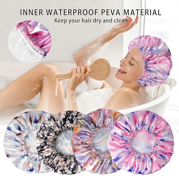 4 PCS Shower Caps for Women, 3D Printing Bath Caps, Double Layers Shower Cap Reusable Waterproof, Bathing Shower Caps, Environmental Protection Hair Bath Hat - Flower C