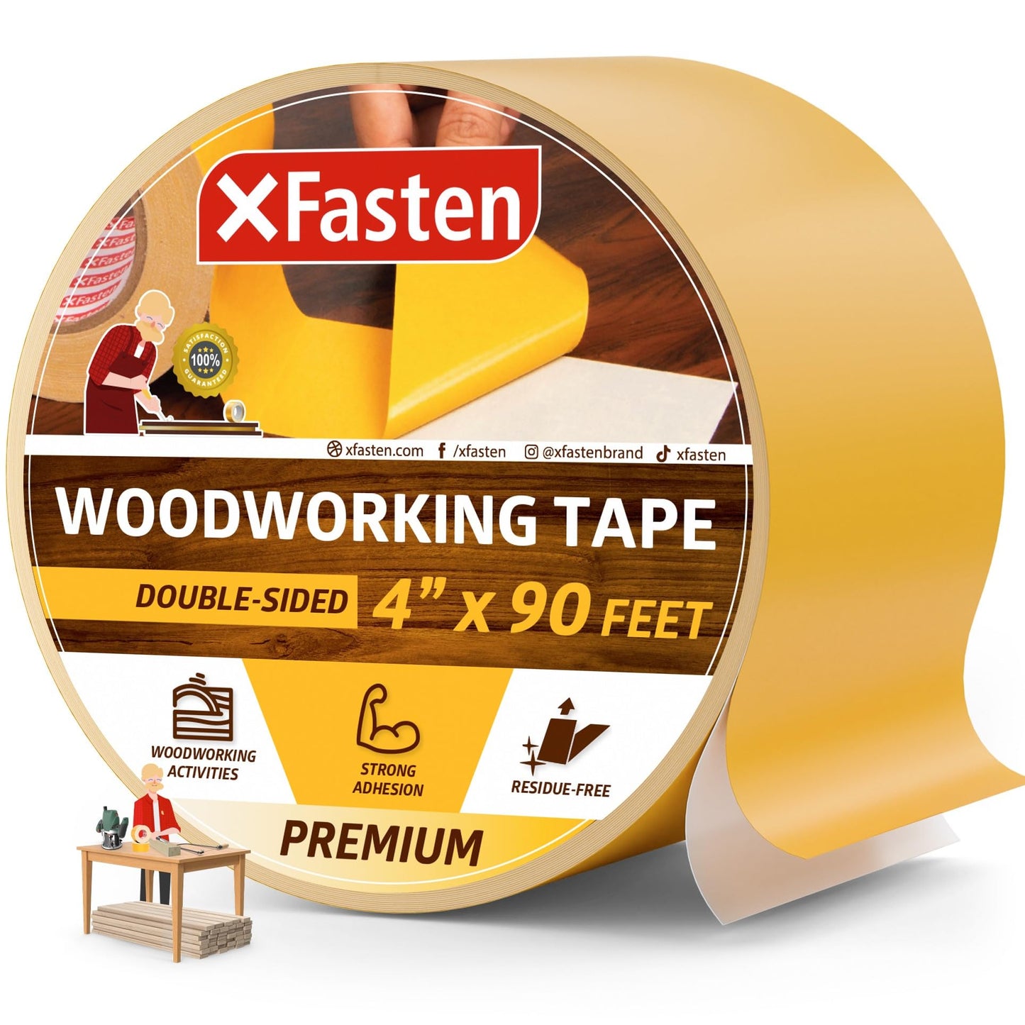 XFasten Double Sided Woodworking Tape 4 Inches x 90 Feet, Residue-Free and Removable Double Sided Wood Mounting Boards, Masking Tape for Wood Template, MDF, Metal, Edge Banding, Routing, Anchoring