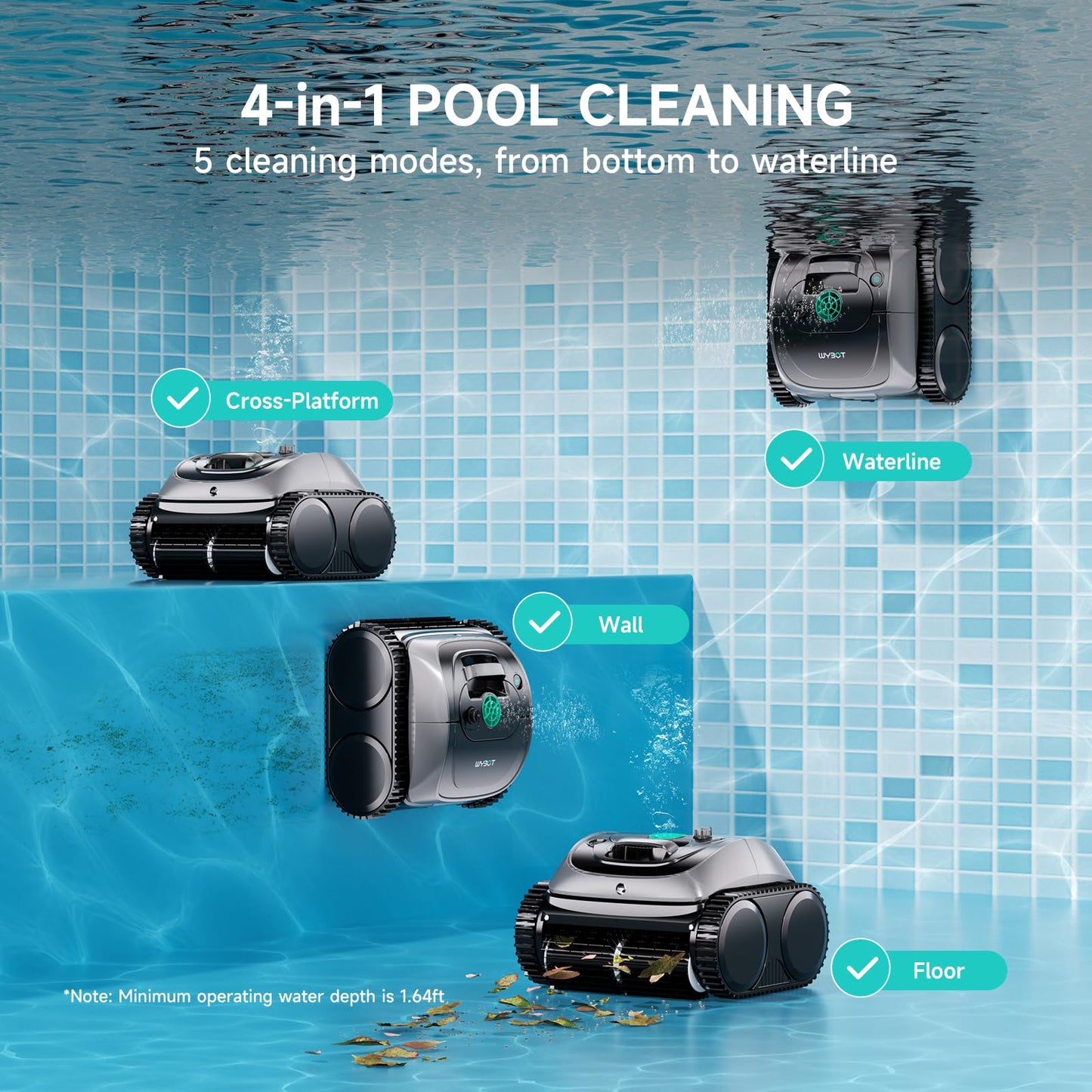 WYBOT C1 Cordless Robotic Pool Vacuum for Inground Pools, Above Ground Pool Cleaner 4-in-1 Wall & Waterline Cleaning Up to 1,614sq.ft, 150mins Smart Navigation, App Support