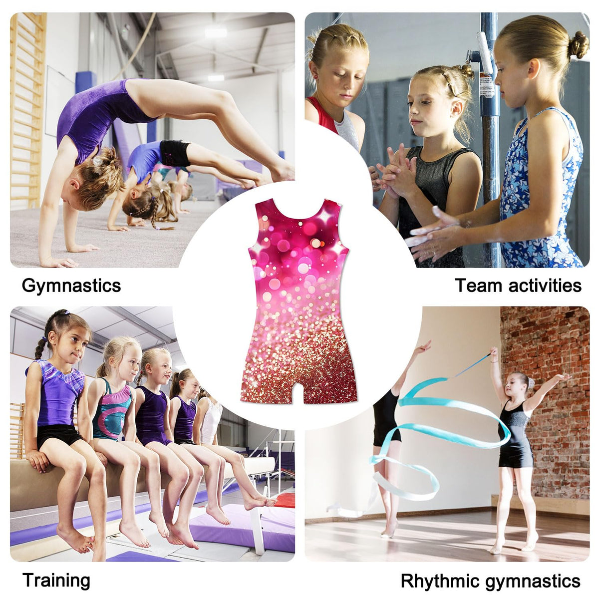 Funnycokid Gymnastics Leotards for Girls Dance Outfits Unitard Sparkly Clothes with Shorts, Diamond Pink Gold, 5-6 Years