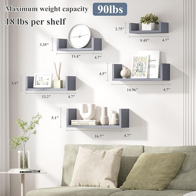 SRIWATANA Floating Shelves for Wall, Wall Shelves for Bathroom, Bedroom, Living Room, Kitchen, Office, Wood Shelves for Home Decor Set of 5 (Weathered Grey)