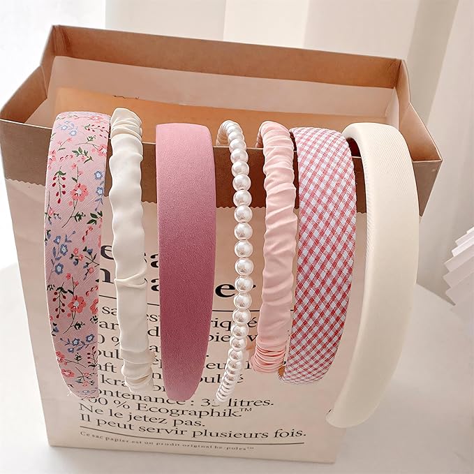 Headbands for Women Girls, 7pc Set - Non Slip Floral Padded Headbands Cute Pearl Headband for Girls Vintage Wide Headband