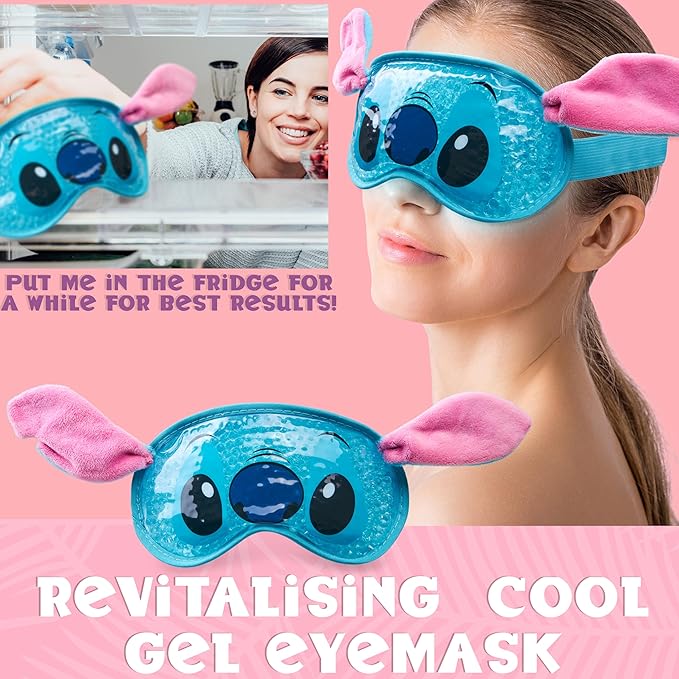 Disney Stitch Beauty Accessories Set with Cooling Eye Mask Gel Eye Pads Fluffy Skincare Headband Hair Claw Clip Relaxing Pampering Gifts for Women, Wife, Girlfriend (Blue)