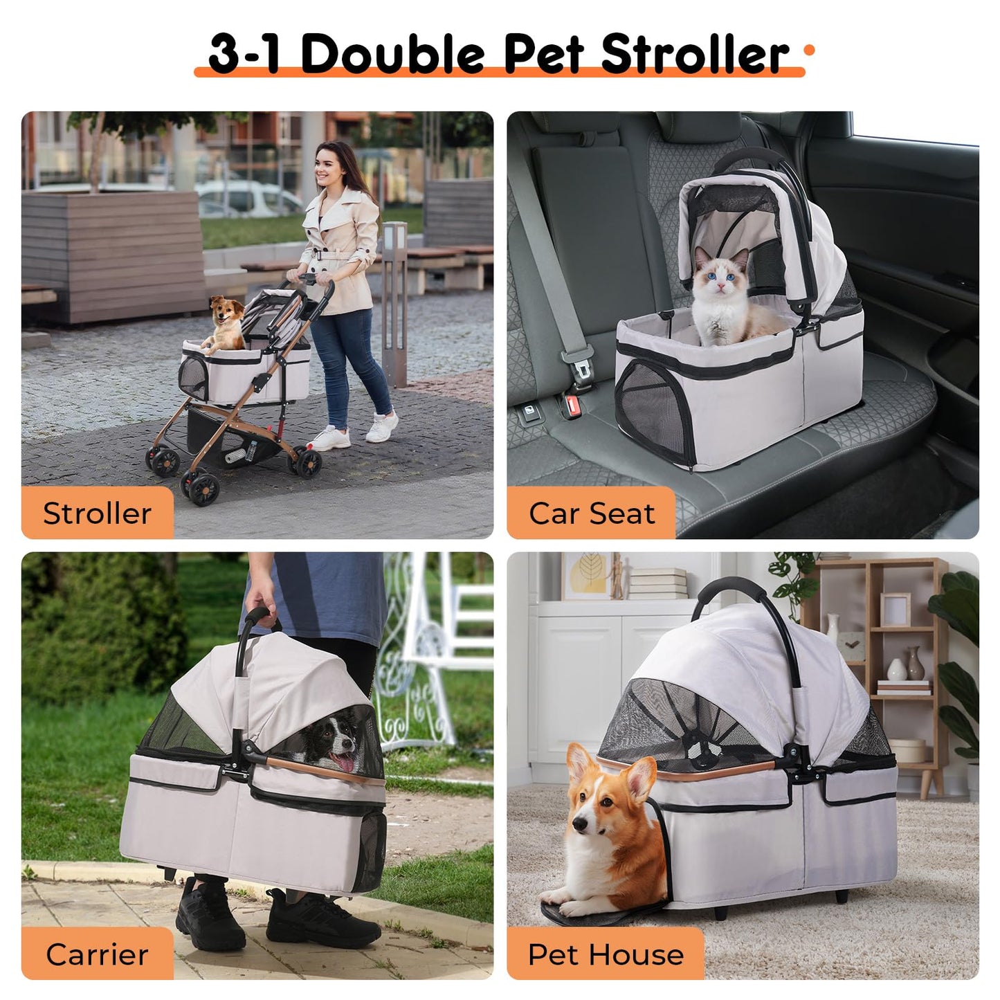 3-in-1 Foldable Pet Stroller for Medium Dogs & Cats up to 50lbs – Detachable Carrier & Car Seat with Storage Basket, 5” Lockable Wheels – All-Terrain Design for Jogging, Walking, and Travel (Grey)