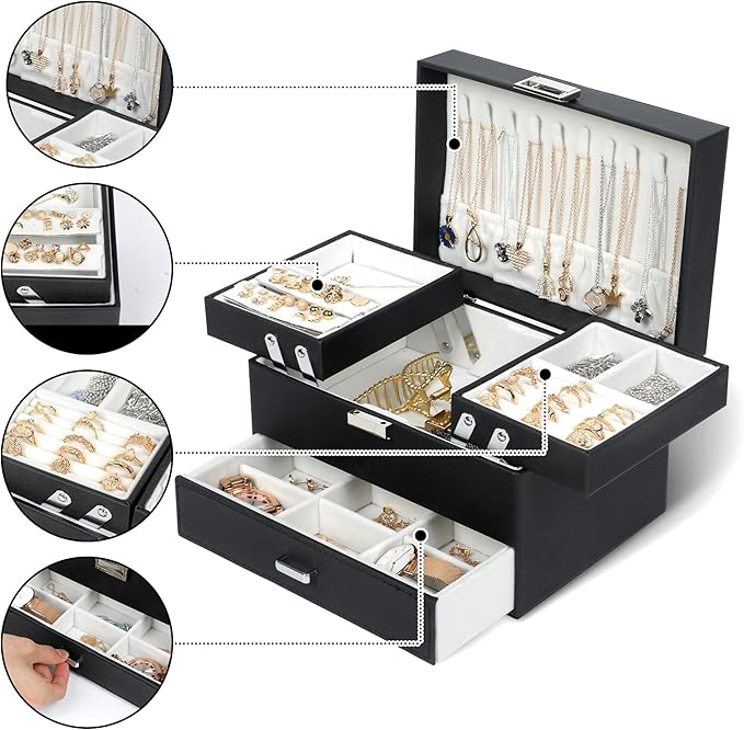 Dajasan Jewelry Organizer Box, Large Jewelry Boxes for Women Girls, Space-Saving 3 Layers Jewelry Storage Case with Drawer, Movable Metal Stand, Modern, Gift Idea (Black)