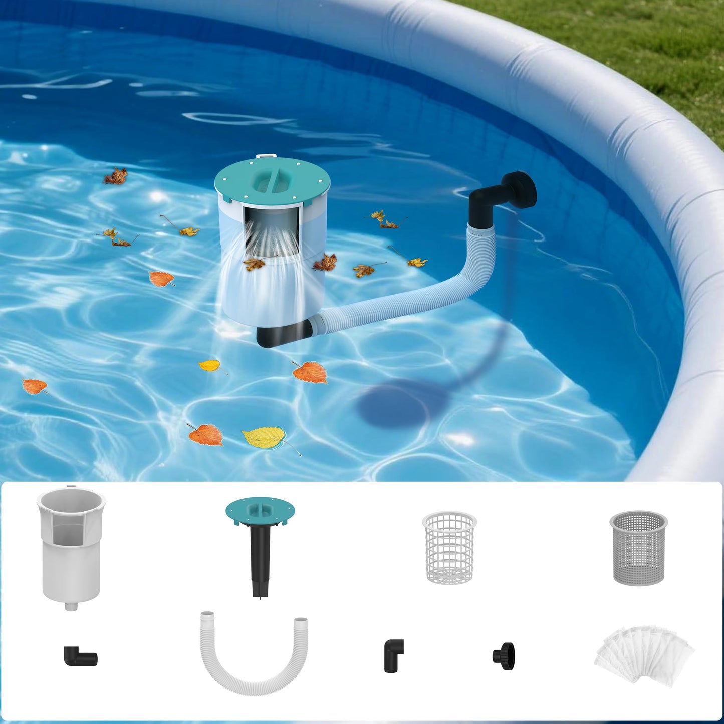 JJ JIANJIN Above Ground Pool Skimmer,No Installation Required, no Adjustable Bracket Required,Comes with 10 Filter Socks, Special Note: The Pool Pump Flow Rate Must not Exceed 2100 GPH(Turquoise)