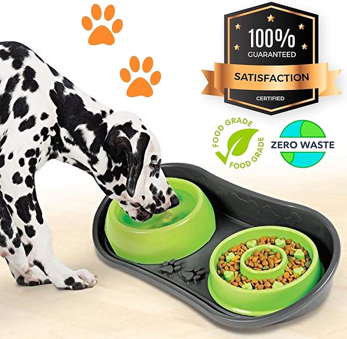 Non-Skid Pet Bowl Tray - with 2 Slow Down Bowls Set - for Small to Medium Dogs - Protects Floor from Food and Water