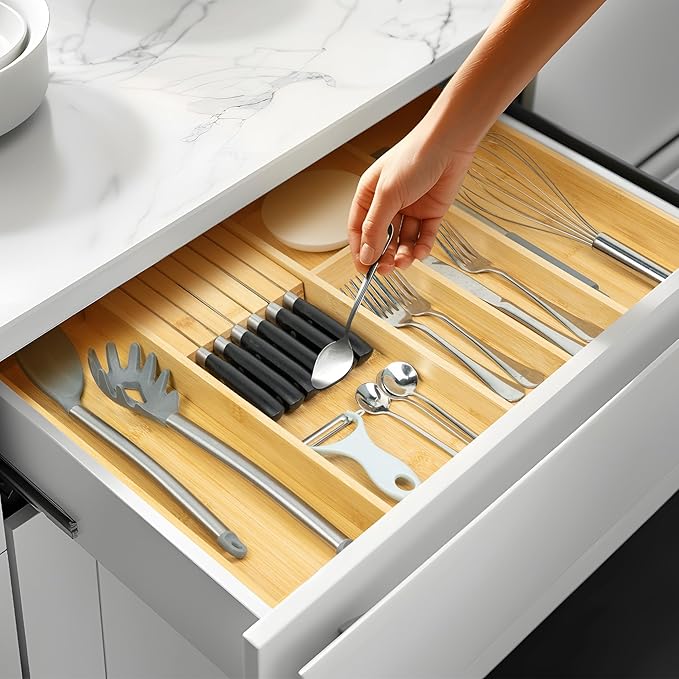 VaeFae Bamboo Kitchen Drawer Organizer, Utensil Tray with Multiple Compartments, Cutlery and Silverware Storage
