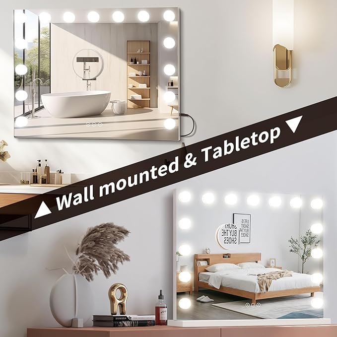 Vanity Mirror with Lights Lighted Makeup Mirror with 15 Dimmable LED Bulbs,3 Color Lighting Modes,USB Charging Port Touch Control,Sturdy Metal Frame Design,White
