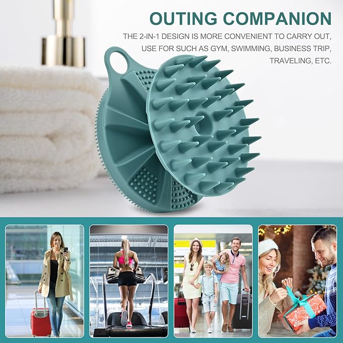 INNERNEED 2-in-1 Silicone Body Scrubber and Scalp Massager Shampoo Brush, Food-Grade Soft Material, More Hygienic, Easily Lather, Convenient for Travel, Gym, Business,etc (Dark Green)