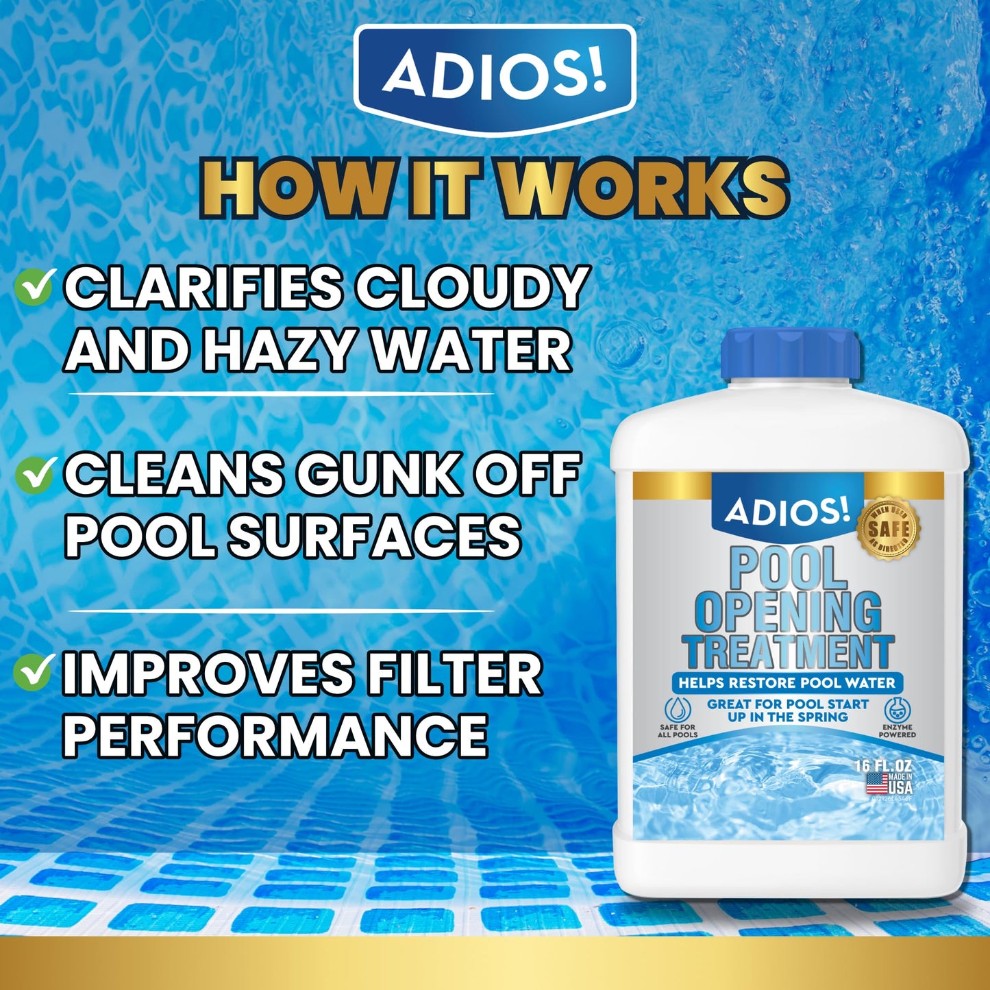 Adios! Pool Opening Treatment - Starter Enzymes for Above Ground Pools and Inground, Treats 40,000 Gallons for Winter Start Up Chemicals - 16oz