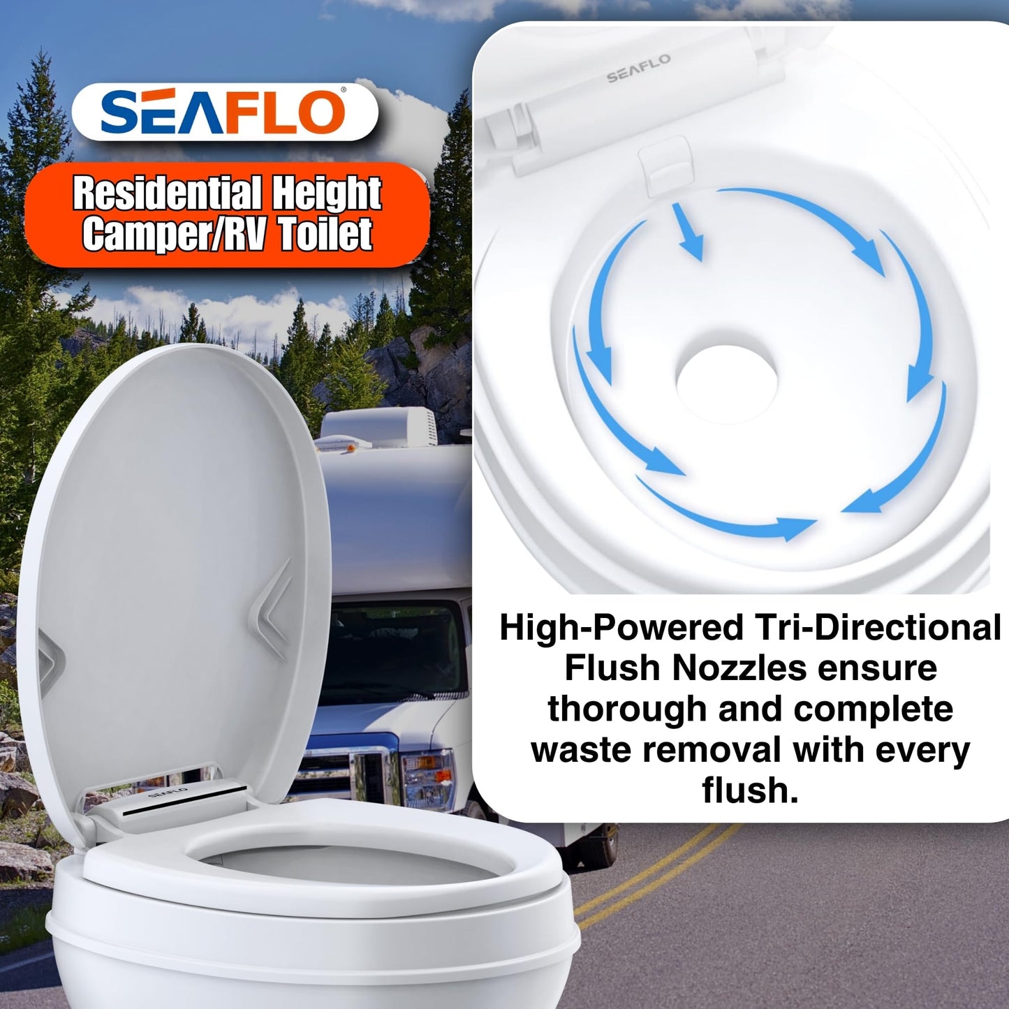 SEAFLO RV Toilet with Sprayer Attachment - White, 18.4” Residential Height, Gravity Flush Foot Pedal Camper Toilet Soft Close Seat Elongated Bowl Motorhome, 4-Year Warranty, SFRTPH-01-02