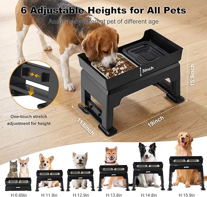 3-in-1 Elevated Dog Bowls Dual Layer - Mess Proof 6 Heights Adjustable Raised Dog Bowl Stand 6"-16", with 2L No Spill Stainless Steel Water Bowls, Slow Feeder Plate for Medium, Large Pets